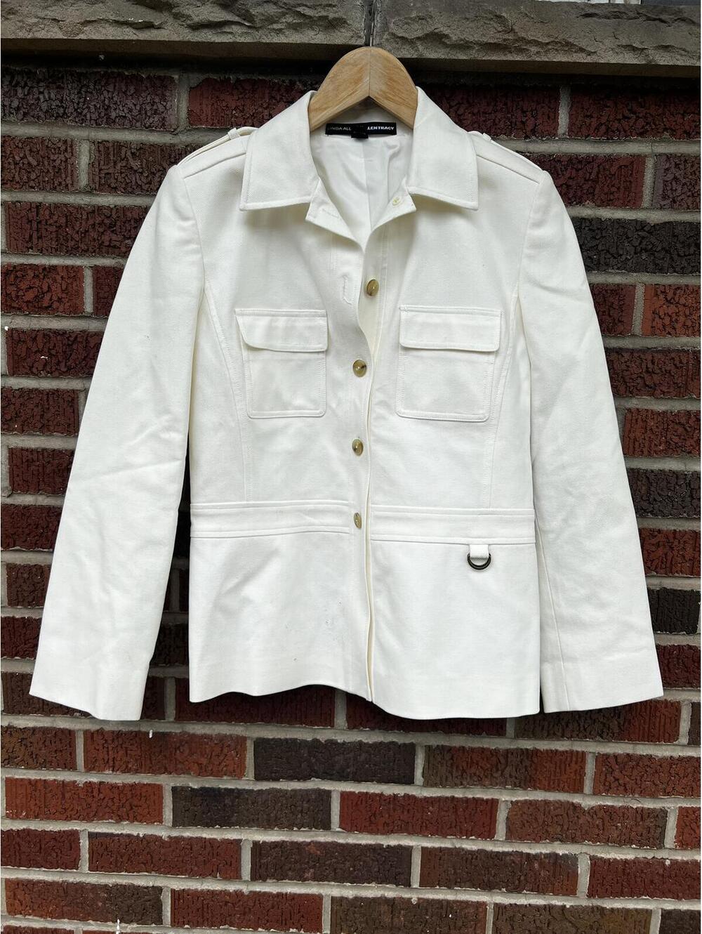 Linda Allard Ellen Trace White Cavas Knitted Collared Button Down Jacket